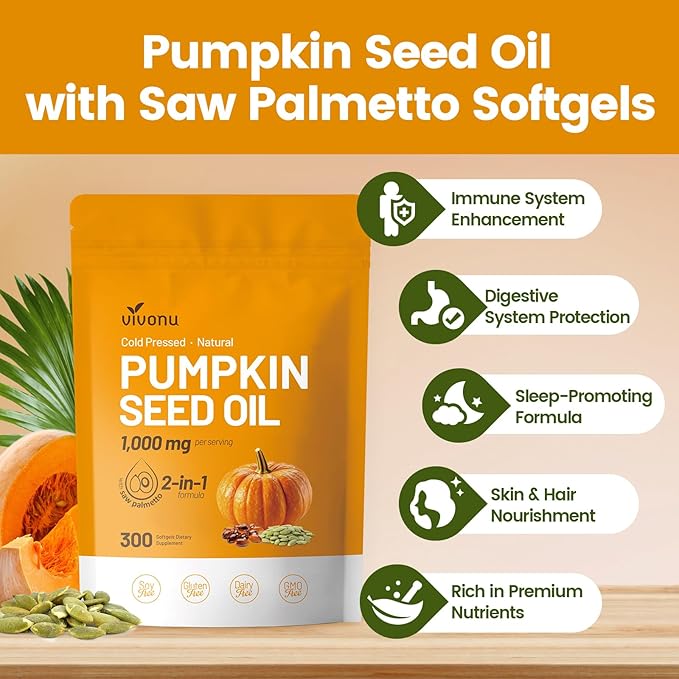 Pumpkin Seed Oil with Saw Palmetto Capsules - Cold Pressed, Pure Virgin Oil, Essential Fatty Acids & Phytosterols