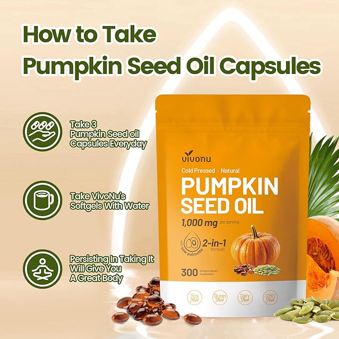 Pumpkin Seed Oil with Saw Palmetto Capsules - Cold Pressed, Pure Virgin Oil, Essential Fatty Acids & Phytosterols