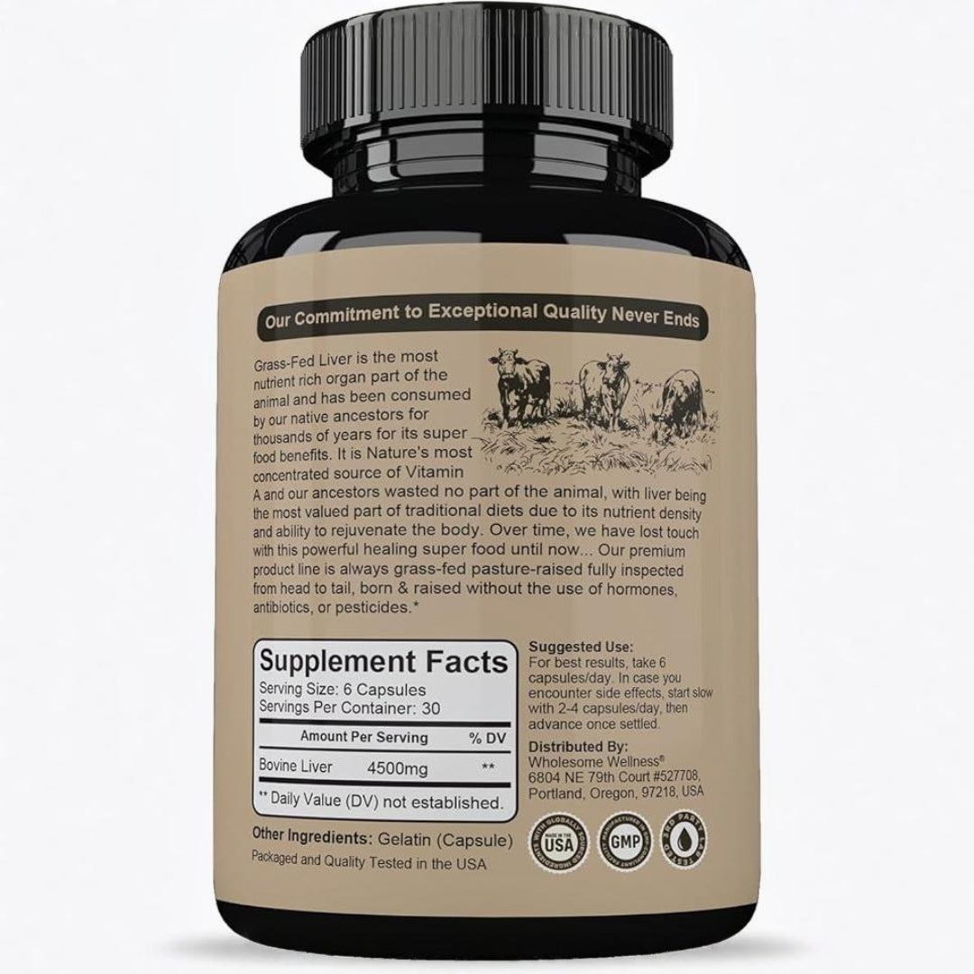 Grass Fed Desiccated Beef Liver Capsules - Natural Iron, Vitamin A, B12 for Energy