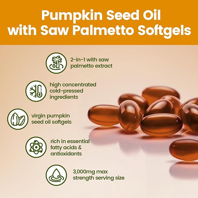 Pumpkin Seed Oil with Saw Palmetto Capsules - Cold Pressed, Pure Virgin Oil, Essential Fatty Acids & Phytosterols