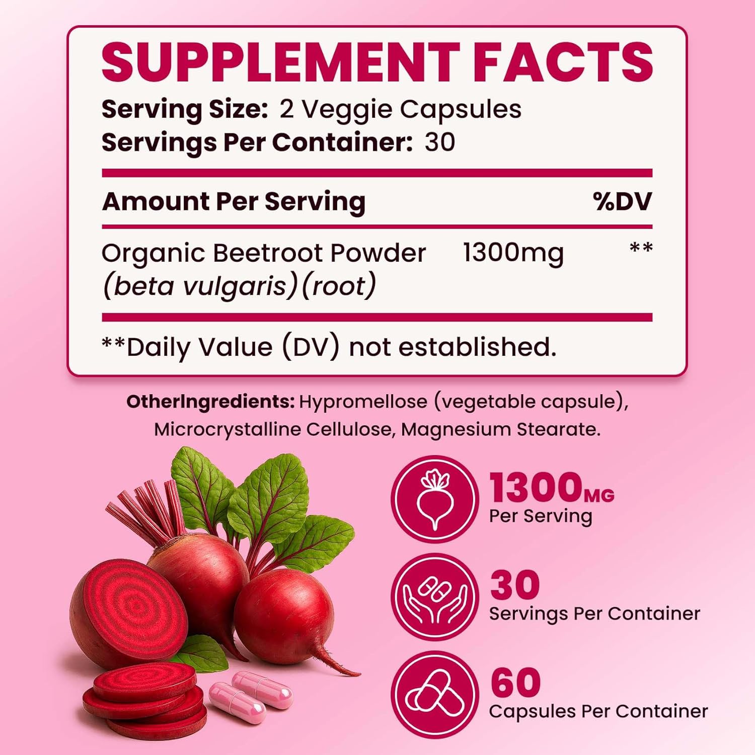 Beetroot Capsules – 1300mg Non-GMO Beet Root Powder Supplement