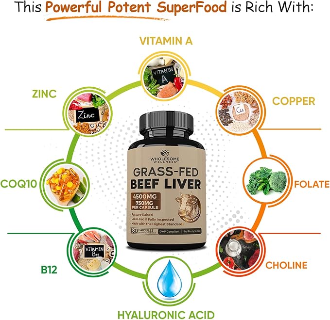 Grass Fed Desiccated Beef Liver Capsules - Natural Iron, Vitamin A, B12 for Energy