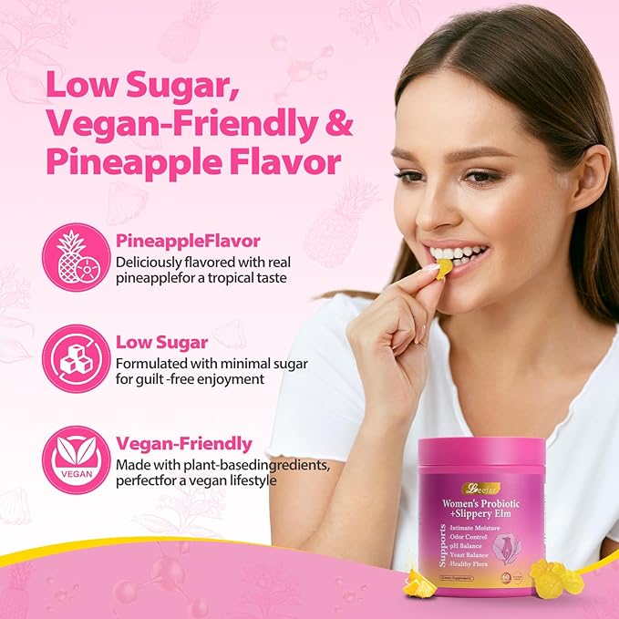 Her Juicy Feminine Probiotics Gummies with Slippery Elm Supports pH Balance Gut Health & Immune System Promote Vaginal Health for Women 60 Pineapple Gummies