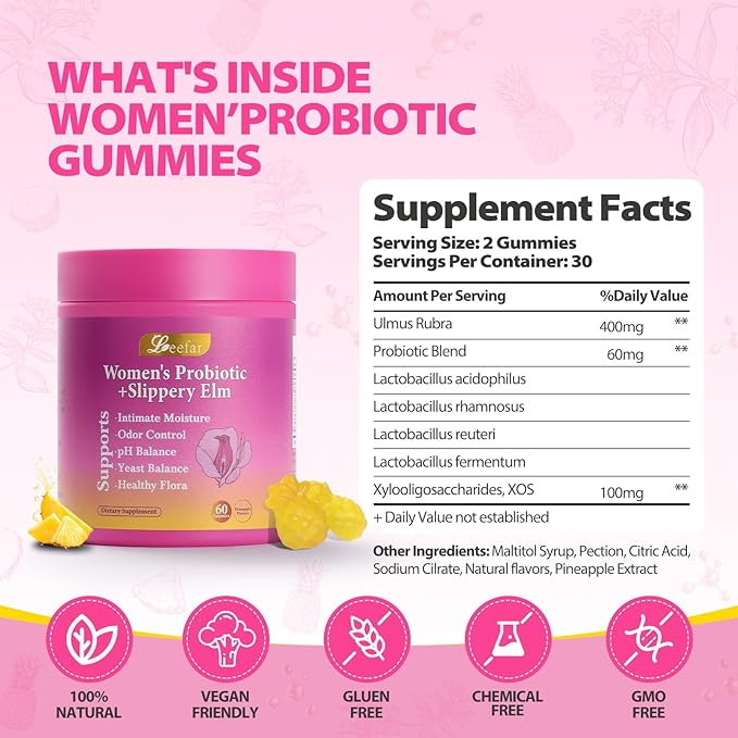 Her Juicy Feminine Probiotics Gummies with Slippery Elm Supports pH Balance Gut Health & Immune System Promote Vaginal Health for Women 60 Pineapple Gummies