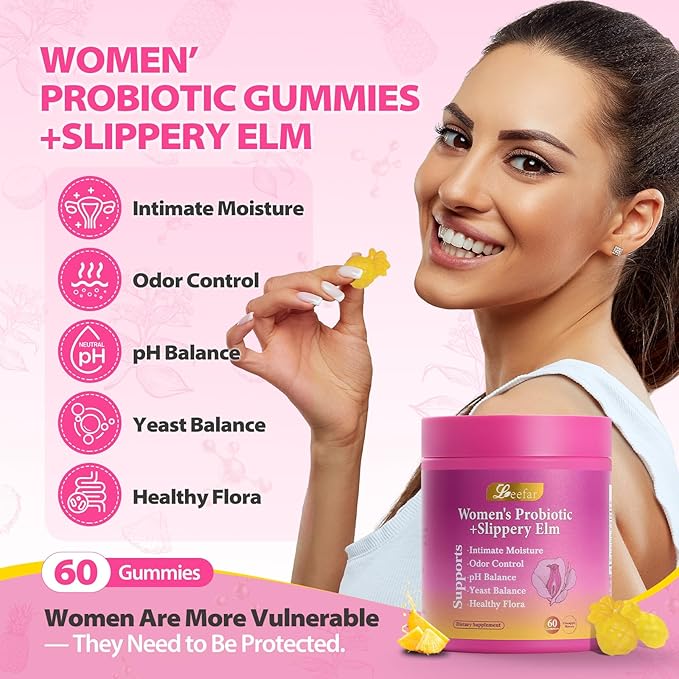 Her Juicy Feminine Probiotics Gummies with Slippery Elm Supports pH Balance Gut Health & Immune System Promote Vaginal Health for Women 60 Pineapple Gummies