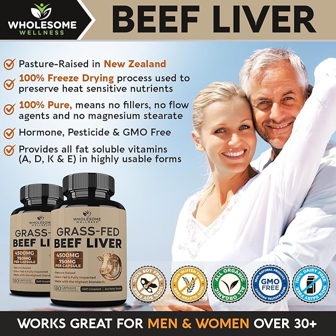 Grass Fed Desiccated Beef Liver Capsules - Natural Iron, Vitamin A, B12 for Energy