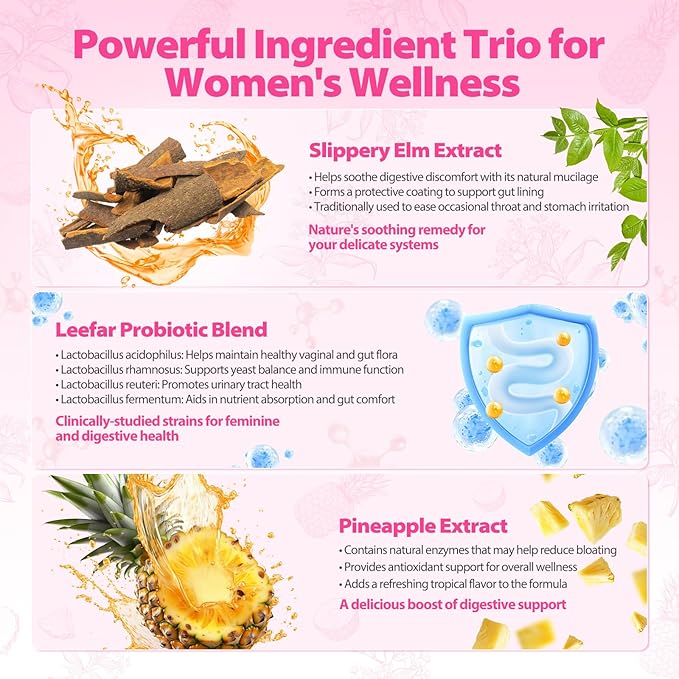 Her Juicy Feminine Probiotics Gummies with Slippery Elm Supports pH Balance Gut Health & Immune System Promote Vaginal Health for Women 60 Pineapple Gummies