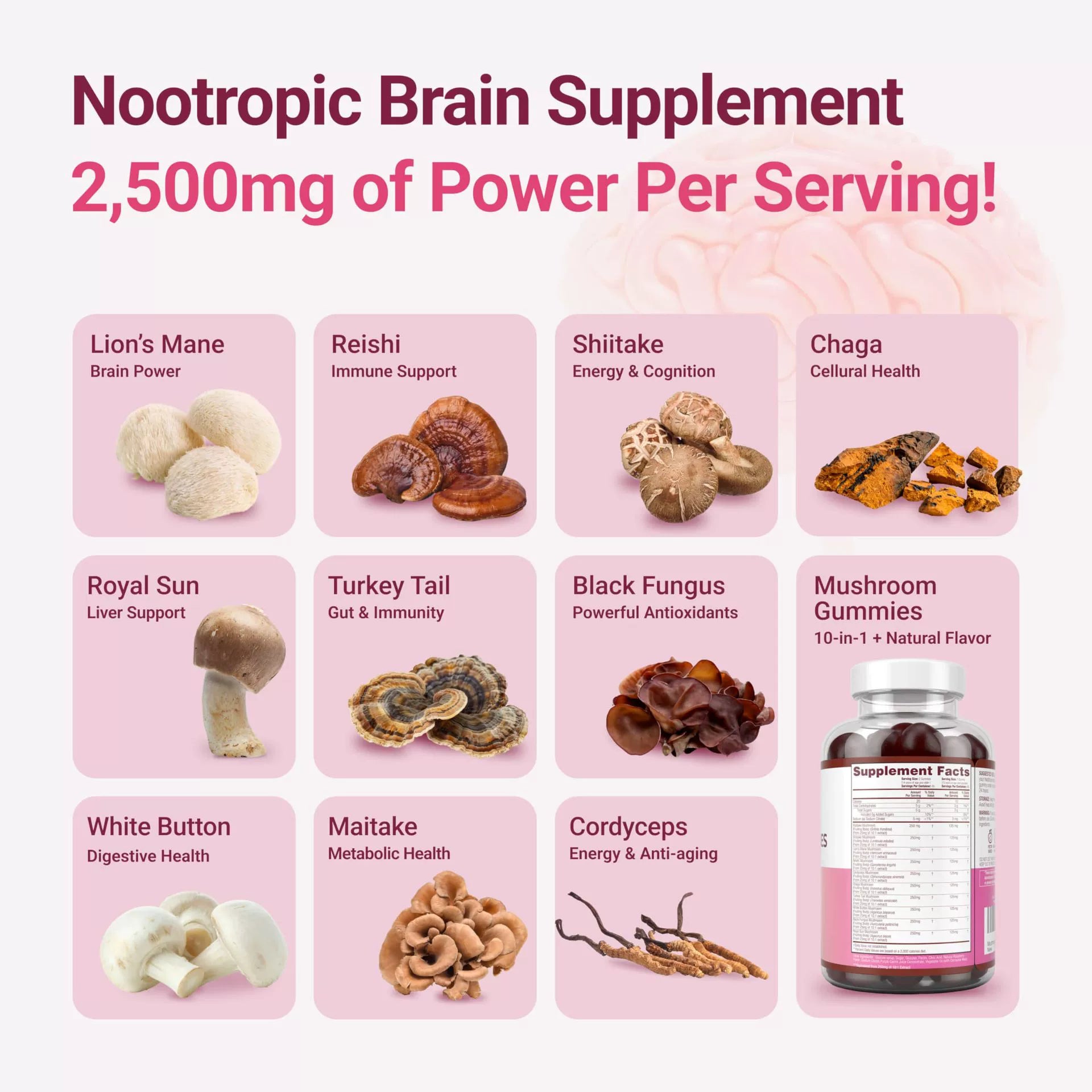 Mushroom Gummies Supplement for Energy, Focus, & Gut Health - Made in USA & 3rd Party Tested