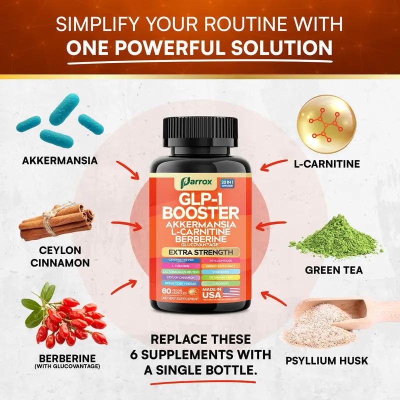 GLP-1 Booster: 20 in 1 Organic Metabolism Support - Dietary Supplement with Akkermansia, L-Carnitine, Berberine & More Natural Ingredients