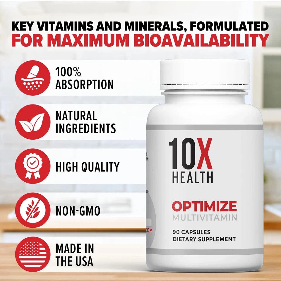 10X Health Optimize – Methylated Multivitamin for Men & Women – 34-in-1 Formula with B12, 5-MTHF, B Complex, NAC, Magnesium & Zinc