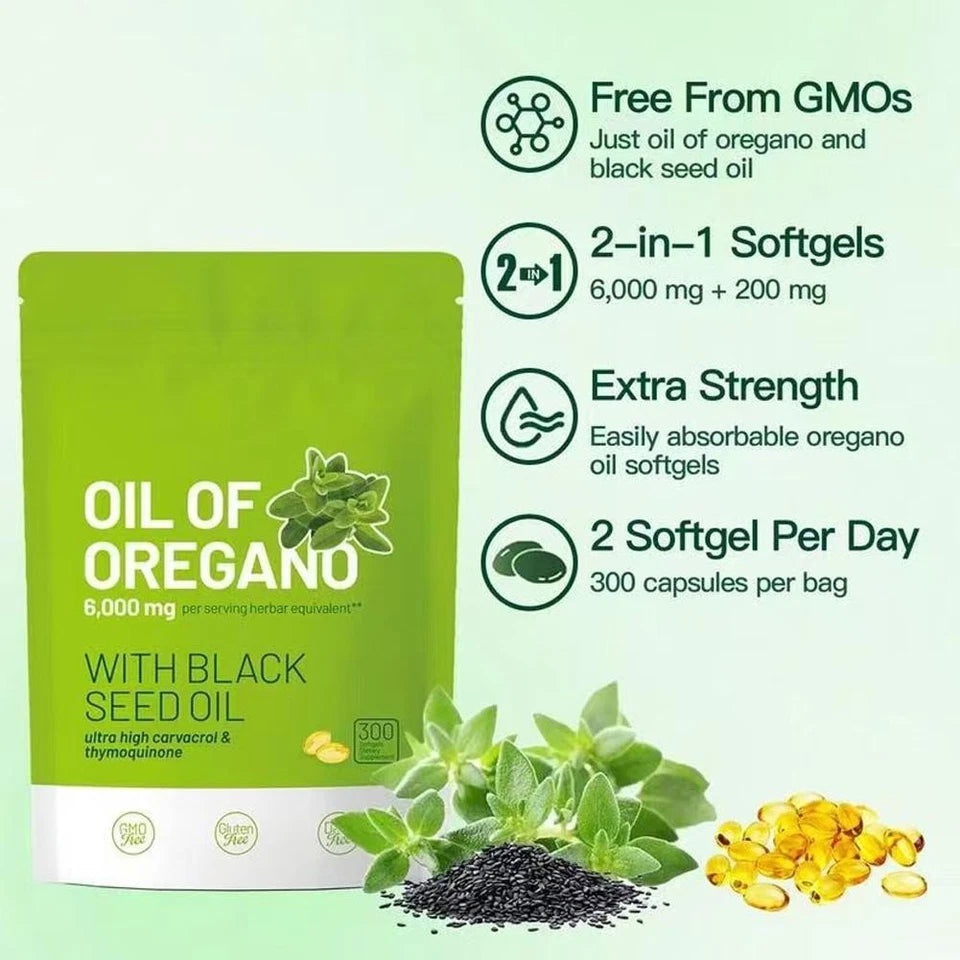 Oil of Oregano 6000mg 300 Softgels Capsules Black Seed Oil Anti Oxidant Health