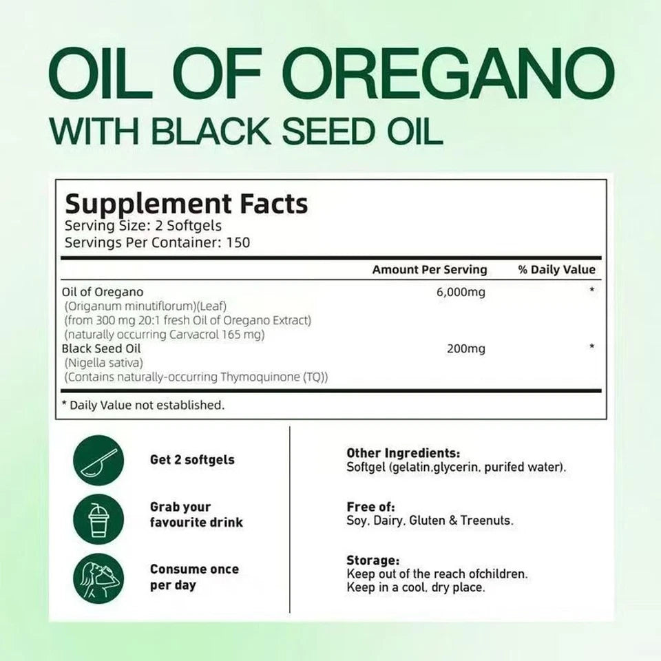Oil of Oregano 6000mg 300 Softgels Capsules Black Seed Oil Anti Oxidant Health