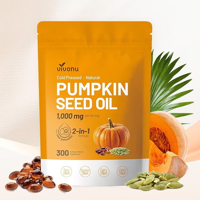 Pumpkin Seed Oil with Saw Palmetto Capsules - Cold Pressed, Pure Virgin Oil, Essential Fatty Acids & Phytosterols