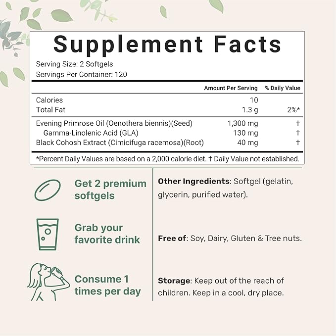 Evening Primrose Oil 1300mg Per Serving, 240 Softgels | Enhanced with 40mg Black Cohosh Extract, Cold Pressed – 10% Active GLA, Non-GMO, No Gluten, Easy to Swallow
