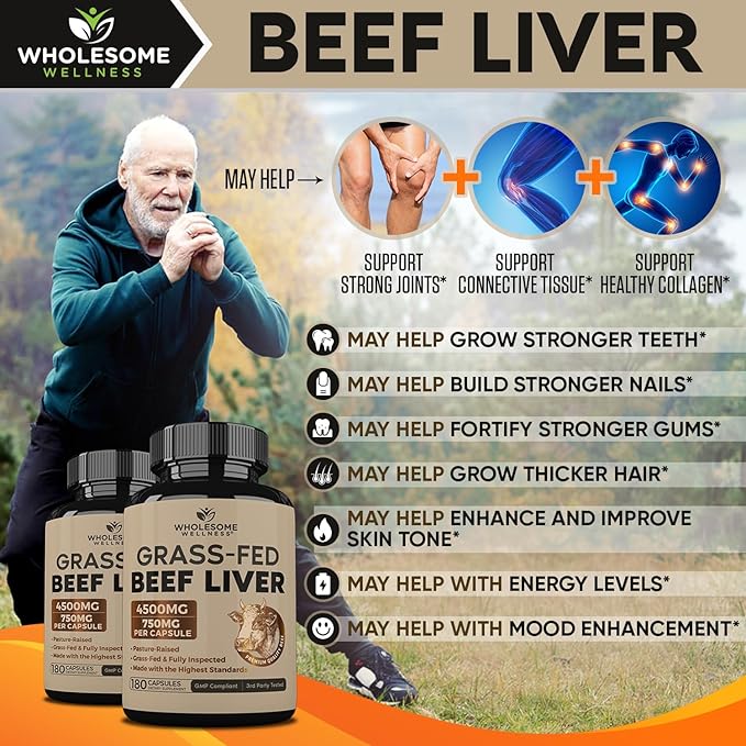 Grass Fed Desiccated Beef Liver Capsules - Natural Iron, Vitamin A, B12 for Energy