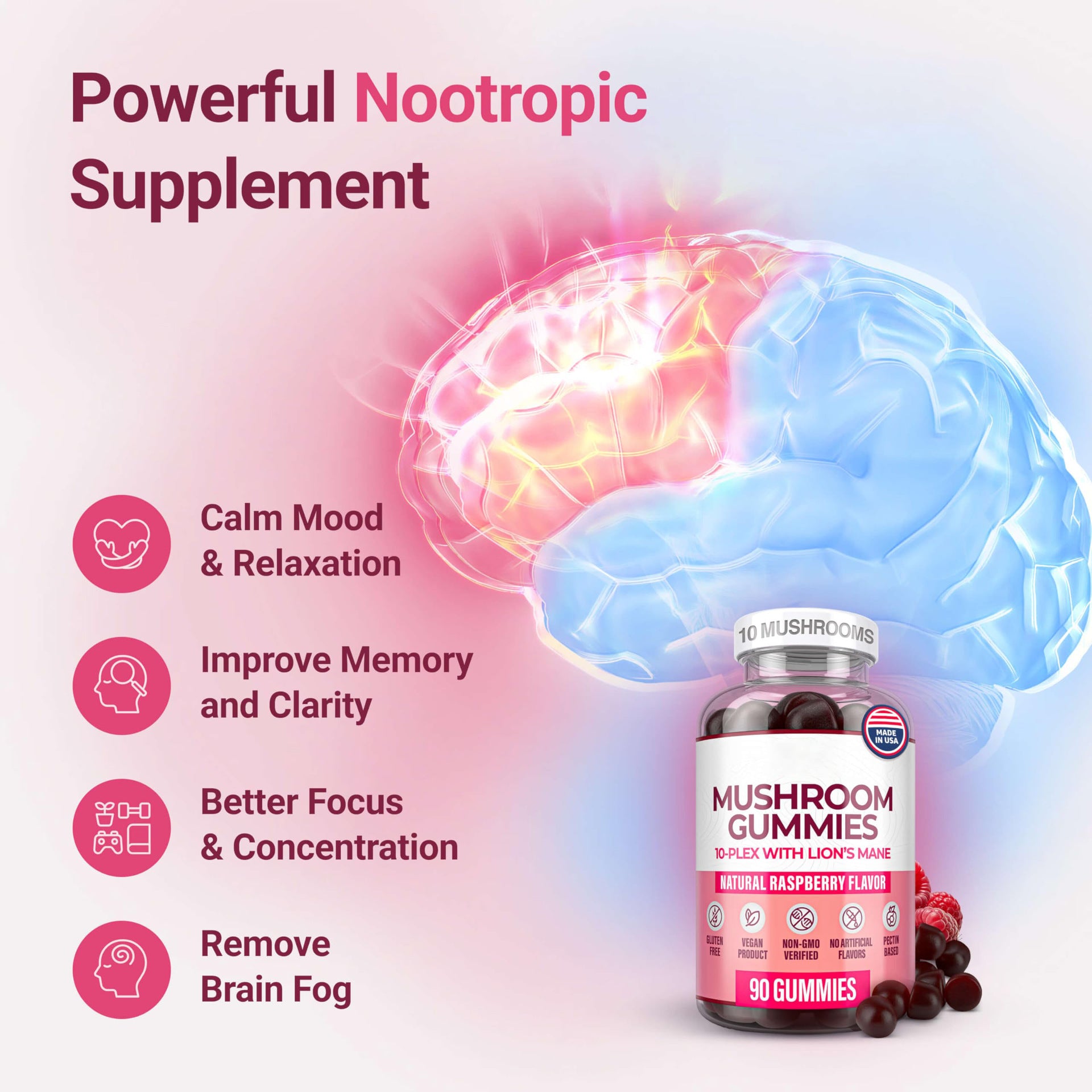 Mushroom Gummies Supplement for Energy, Focus, & Gut Health - Made in USA & 3rd Party Tested