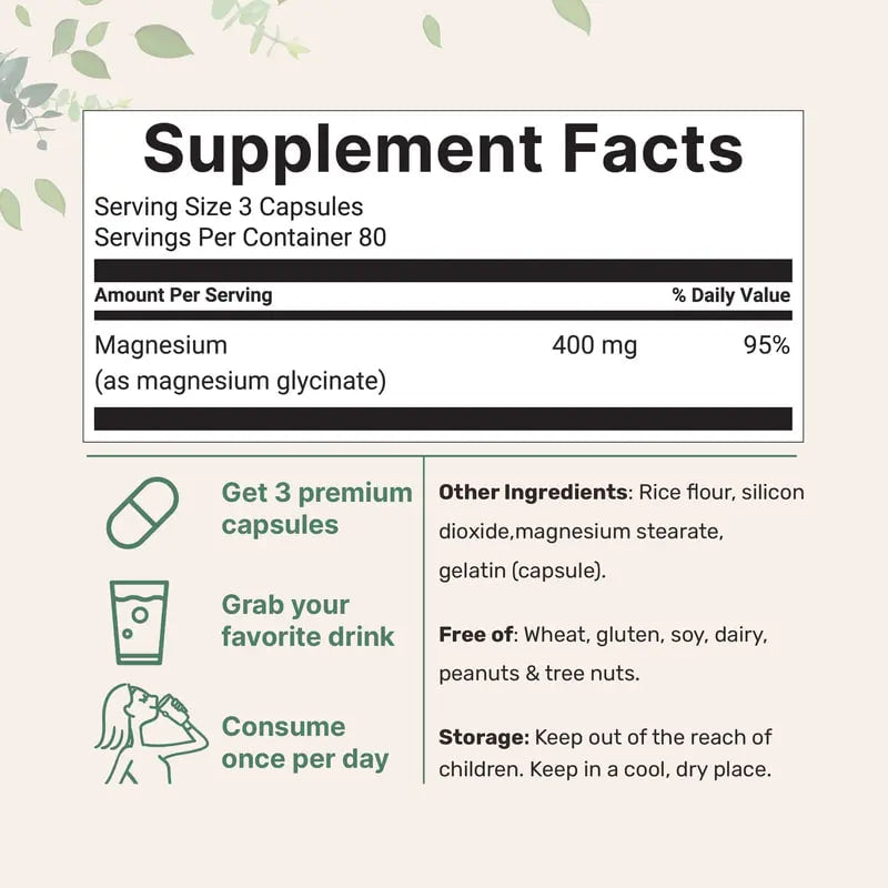 Magnesium Glycinate 400mg Per Serving, 240 Capsules, Potent Elemental Form, 100% Chelated, High Absorption