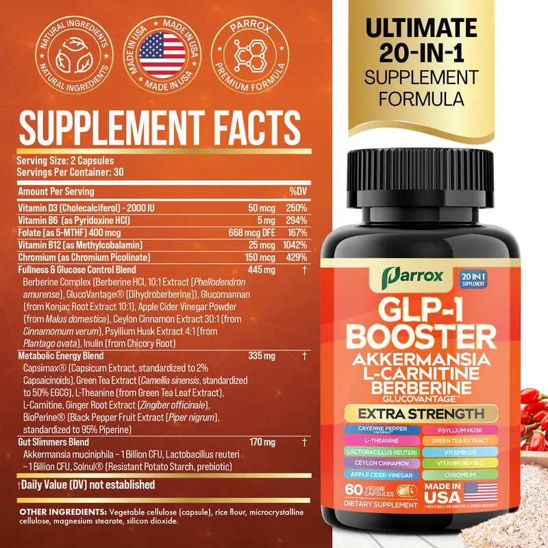 GLP-1 Booster: 20 in 1 Organic Metabolism Support - Dietary Supplement with Akkermansia, L-Carnitine, Berberine & More Natural Ingredients